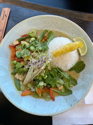 Delicious vegan green curry, a little expensive with 18€ but great thing to finally find clearly marked vegan food, especially if it’s freshly made with lots of vegetables!  at Falcon Marktrestaurant in Soelden