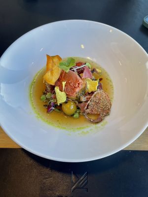 starter with tomato/basil sorbet, grilled vegs  at Falcon Marktrestaurant in Soelden