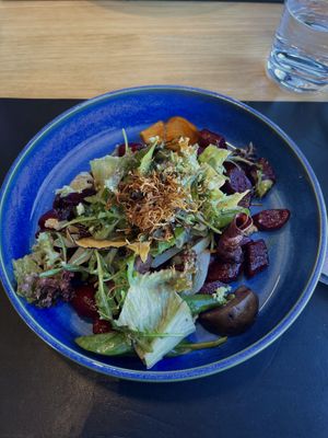 red beet gnocchi with figs, wild herbs, salsify, walnuts  at Falcon Marktrestaurant in Soelden