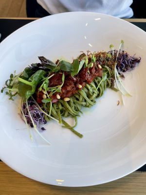 basil tagliatelle, tomato, pine nuts, sprouts   at Falcon Marktrestaurant in Soelden