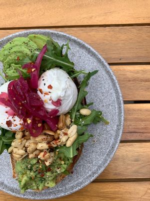 Avo Toast, poached eggs, house rays, pickled onions at Dubh in Newbridge
