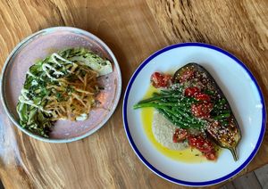 Miso glazed Augergiene, smoked aubergine puree, French beans, vierge, seasame at Dubh in Newbridge