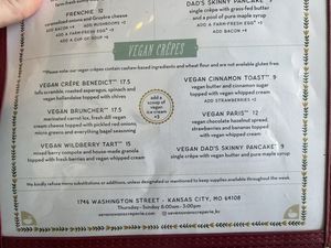Vegan section of the menu - seasonally rotates  at Seven Swans Creperie in Kansas City
