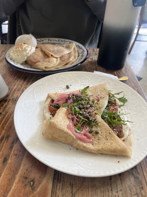 Vegan Bruncher and vegan cinnamon toast (with a scoop of vegan ice cream)  at Seven Swans Creperie in Kansas City