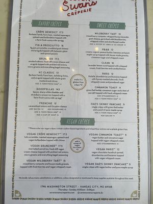 Vegan menu at bottom  at Seven Swans Creperie in Kansas City