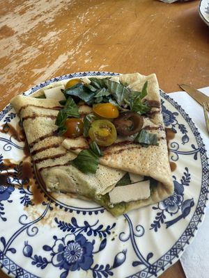 Vegan Italian - plant based pesto, mozzarella, cherry tomatoes   at Seven Swans Creperie in Kansas City