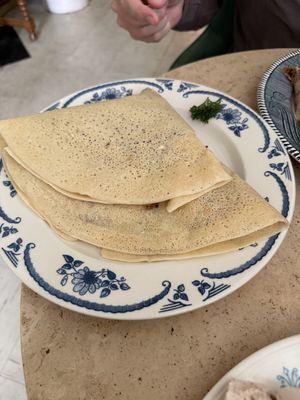 Fall 2025 roasted root crepe - potatoes, carrots, butternut squash with vegan cheese sauce inside   at Seven Swans Creperie in Kansas City