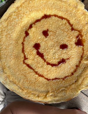 Plain vegan pancake. Free syrup on the table  at Theehuis Rhijnauwen in Bunnik