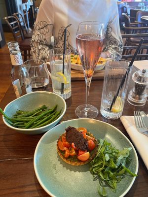 Pea and olive tart, French beans at Cote in Exeter