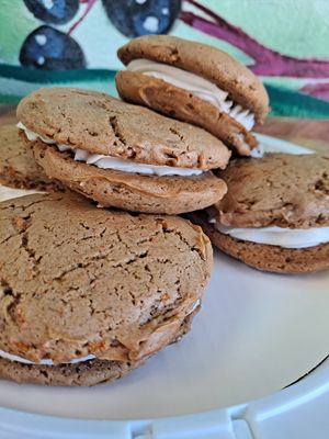 House made rotating vegan bakery items. Pictured is our Carrot Cake Whoopie Pies at Gone Juicing Cafe in New Port Richey