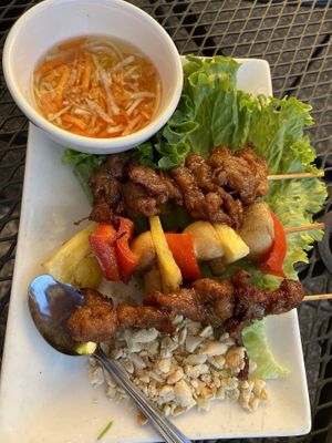 Beef, mushroom, and bell pepper skewers at Blossom Vegetarian in Renton