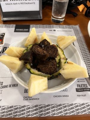 Vegan blood sausage and pineapple   at Espinha.come in Sao Miguel