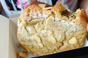 Twice baked banana bread with frangipane and banana topping, usually with a layer of jam between layers.  at Number Eight Bakehouse in Darlington