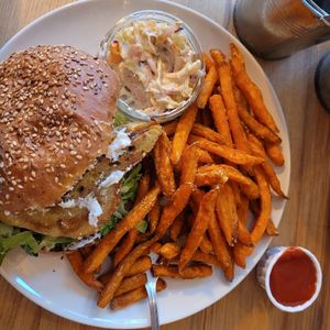 Chick'n burger with slaw and sweet potato fries at Tam's Kitchen in Paignton