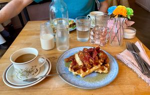 Coffee and breakfast waffles  at Tam's Kitchen in Paignton
