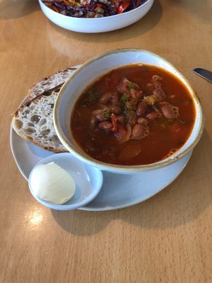 Kale and borlitti bean soup special with sourdough and vegan spread  at Born & Bread in Portstewart