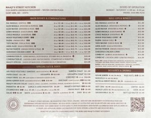 Menu pages  at Maaji's Street Kitchen in St Louis
