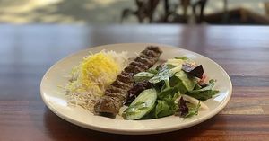 Vegan kobideh kabob and rice  at Daryoush Persian Cuisine in Berkeley