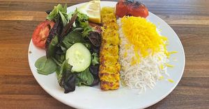 Vegan chicken kabob and rice   at Daryoush Persian Cuisine in Walnut Creek
