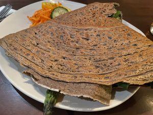 ‘Eggs and greens’ made without eggs  at Le Casse-Crêpe Breton in Quebec