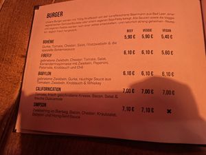 Menu (only the burger section, there also drinks and side dishes)  at Hotel Galactica in Muenster
