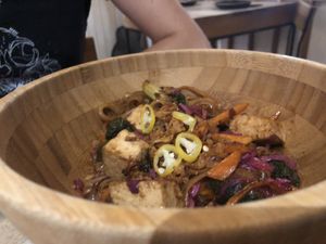 Noodle bowl with evil yellow chillis on top!  at ISTOK in Belgrade