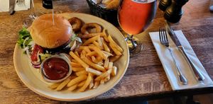 Vegan burger with french fries. at Café Olivia in Vanloese