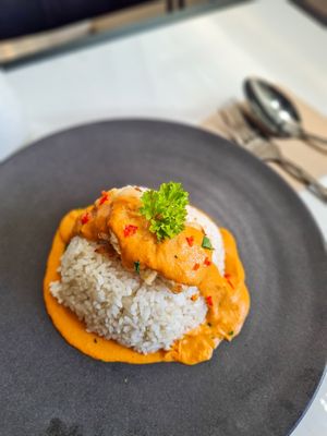 Butter Chickun Rice - Flavorful Butter Chickun Sauce on Steamed Rice with Soy Meat. at Sauce Tree Kuta in Kuta