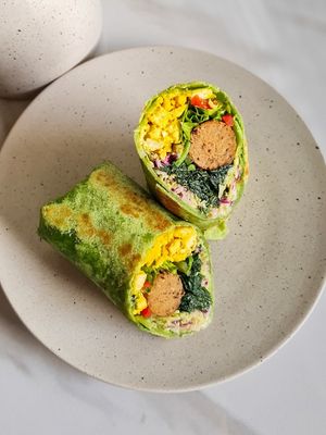 Brunch Broritos - Sausage, Spinach, Bell Pepper, Lettuce and Russian Dressing in Tortilla Wrap. at Sauce Tree Kuta in Kuta