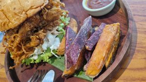 Mushroom burger with sweet potato fries at Sauce Tree Kuta in Kuta