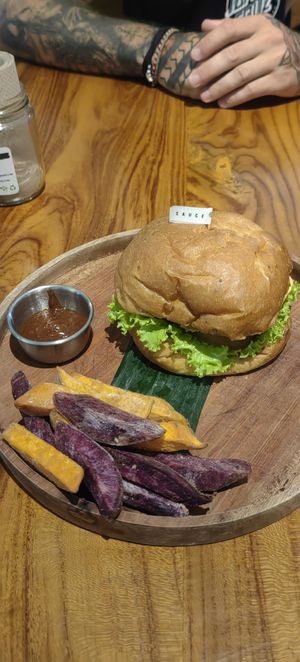 Sauce tree burger with sweet potato fries at Sauce Tree Kuta in Kuta