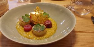 Coquille têtue beurre blanc au safran at L'Âne Têtu in Desaignes