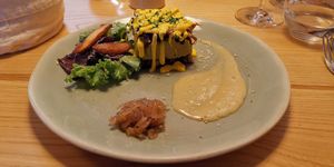 Mille-feuilles de champignons et purée de pois cassés at L'Âne Têtu in Desaignes