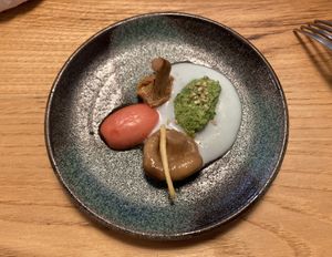 Amuse bouche (radish and mushrooms)  at L'Âne Têtu in Desaignes