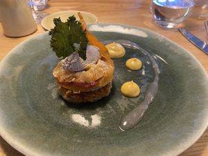 Potato 🥔 tarte  with apple and Calvados sauce  at L'Âne Têtu in Desaignes