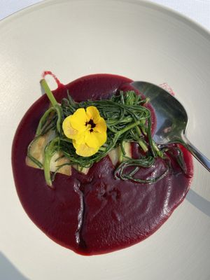 Beetroot cream with crunchy parsnips and balsamic vinegar at Vetri Restaurant in Venice