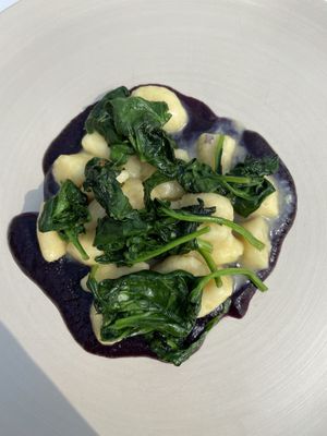 Potato gnocchi with spinach and purple carrots at Vetri Restaurant in Venice