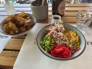 Noodle bowl and mashed jacket potatoes!   at Zygos Urban Garden in Crete