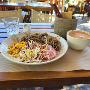 Vegan noodle salad and cacao. at Zygos Urban Garden in Crete