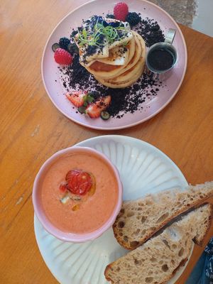 Tomato gazpacho and vegan pancakes at Miolo in Lisbon