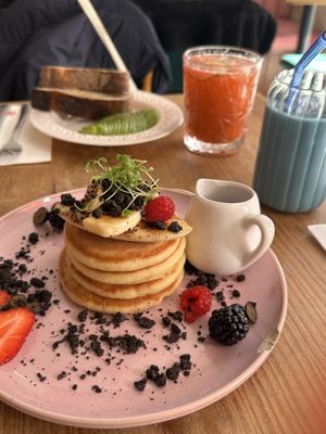 Vegan pancakes and avocado toastt  at Miolo in Lisbon