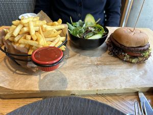 Veg burger with salad and fries  at Ecco in Cologne