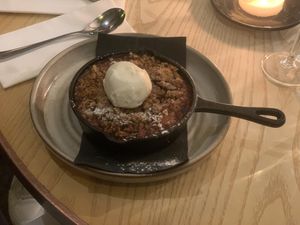Rhubarb Crumble with pear and stem ginger ice cream  at Evelyn's in Manchester