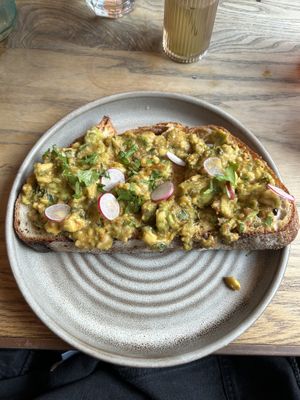 The avocado toast was served on thick sourdough.  at Evelyn's in Manchester