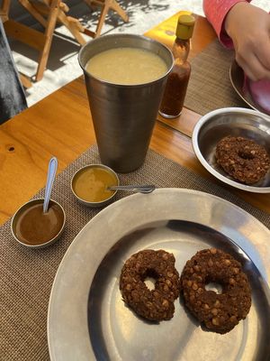 The vadas with two chutneys and a mango lassi.  at Curry Natural in Sao Paulo
