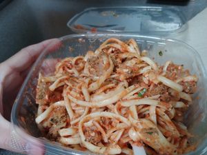 $8.99 Vegan pasta with meatballs (contains gluten) at Honest Weight Food Co-op in Albany