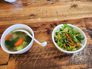 Vegetable soup and salad at Pho Sure in San Antonio