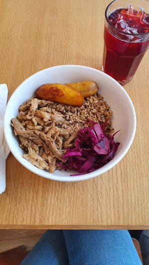Masala rice with stewed soya, slaw and sweet plantain at ShadoBeni in Pittsburgh