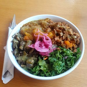 Bowl with coconut rice, kale, stewed soya, pumpkin and okra at ShadoBeni in Pittsburgh