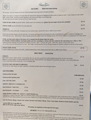Food menu October 2022 at Hamilton's Tea House in Farnham